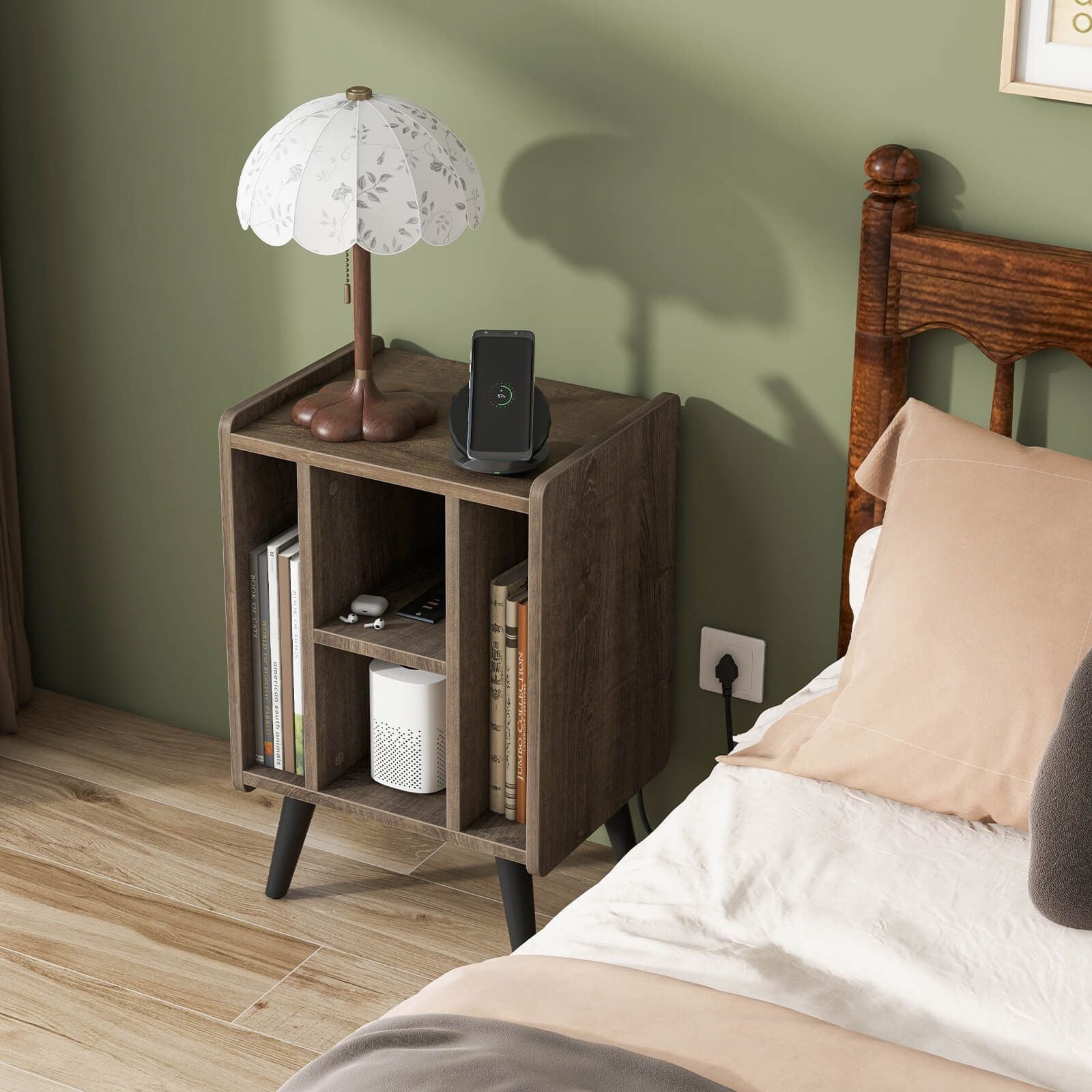 Record Player Stand with 4 Open Shelves Power Outlet USB Charging Port