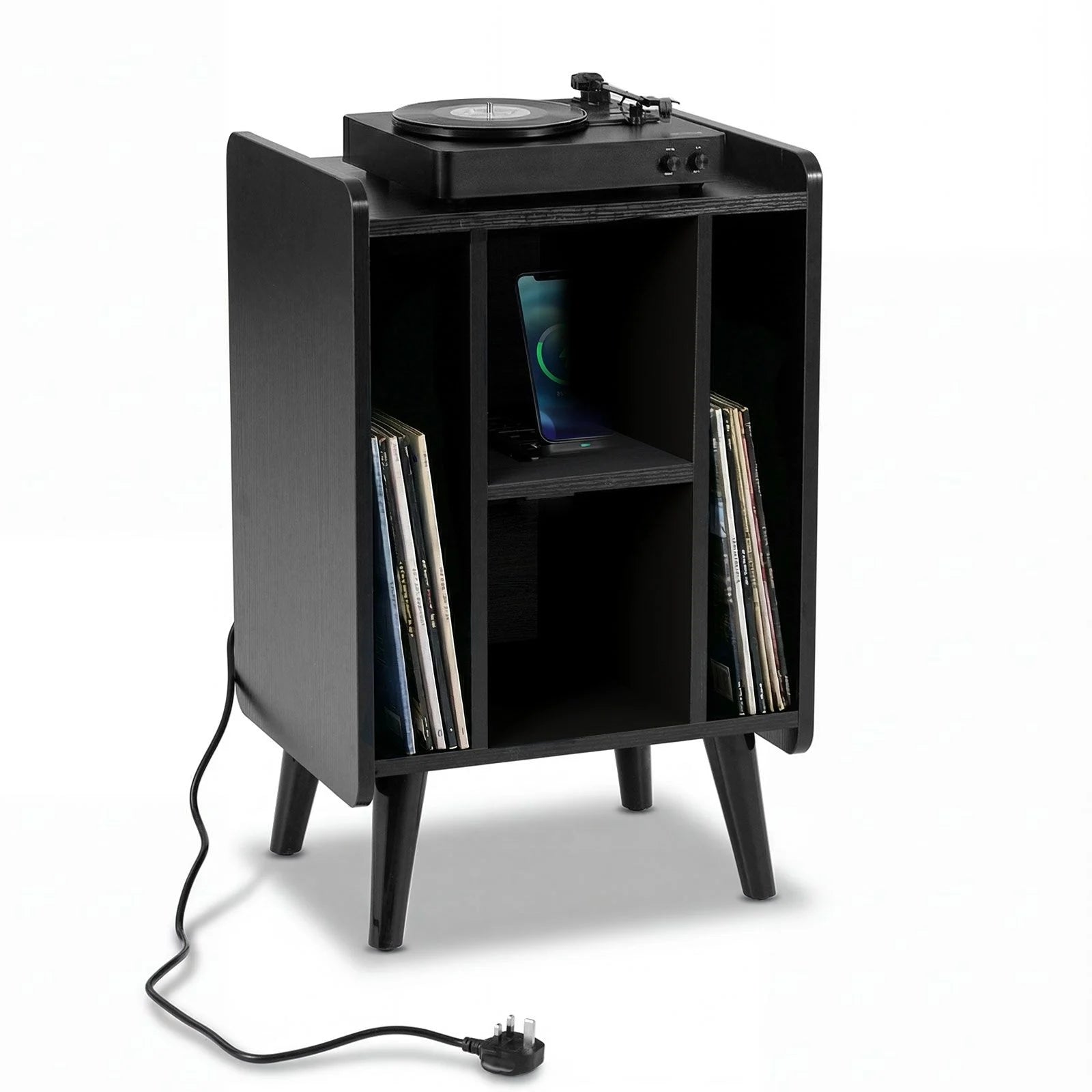 Record Player Stand with 4 Open Shelves Power Outlet USB Charging Port