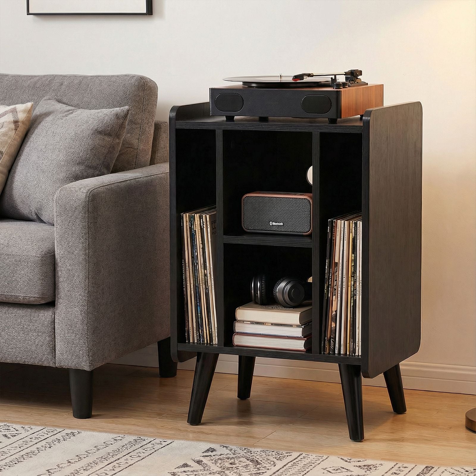 Record Player Stand with 4 Open Shelves Power Outlet USB Charging Port