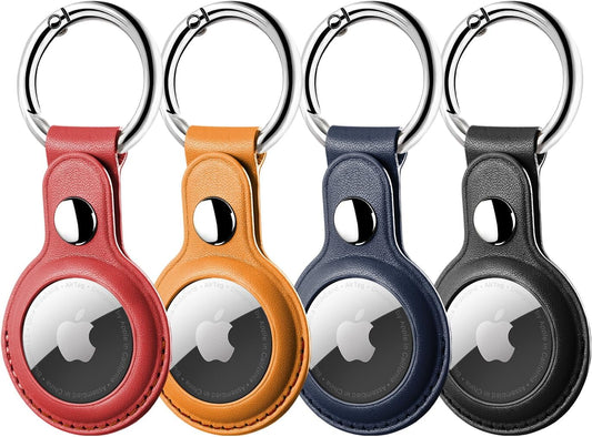 Airtag Case, 4 Pack PU Leather Airtag Holder with Keyring, Protective Air Tag Holder Key Ring for Luggage Keychain, Kids, Pet Collar Tracker Dog Cat