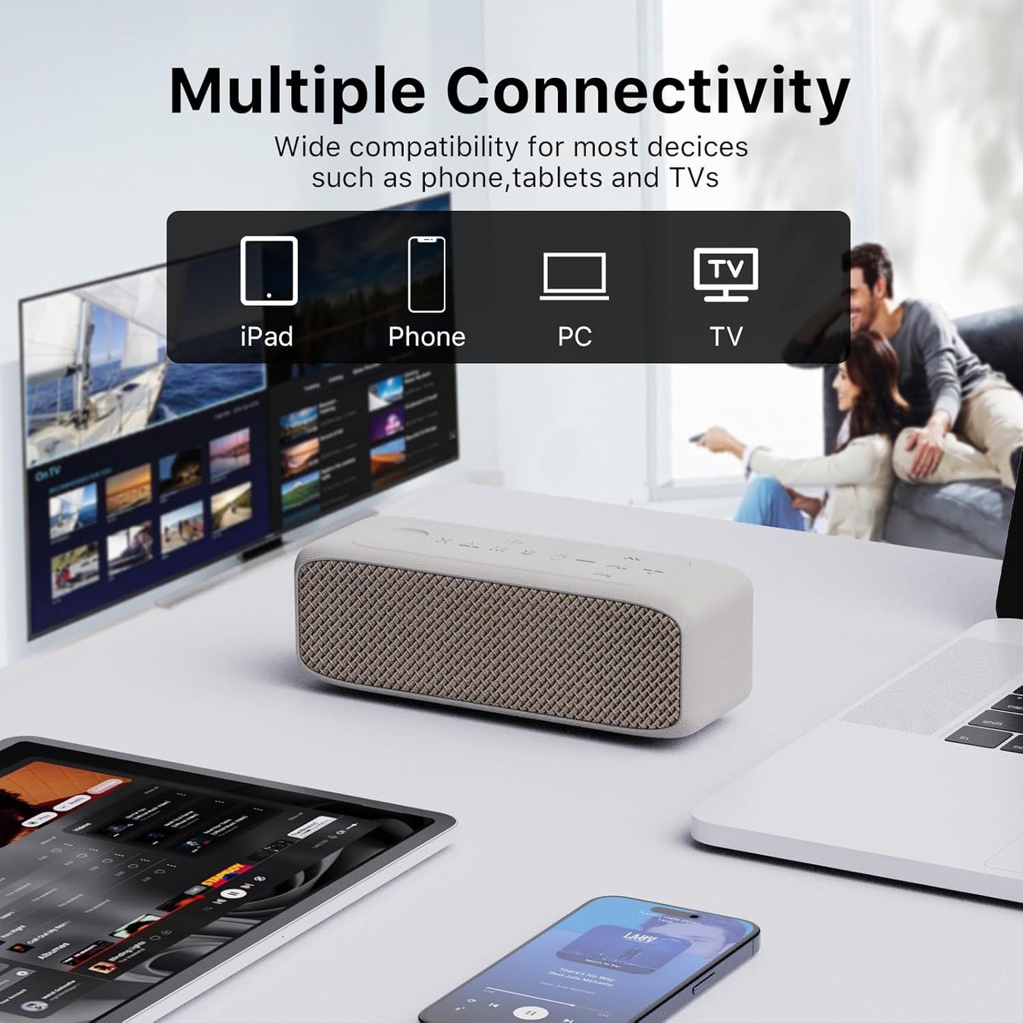 Portable Bluetooth Speaker, IP68 Waterproof 24H Playtime, Bluetooth 6.0 TWS Pairing, 20W Stereo Sound, TF Card/Aux Input, Wireless Speaker for Home Outdoor Travel (White)