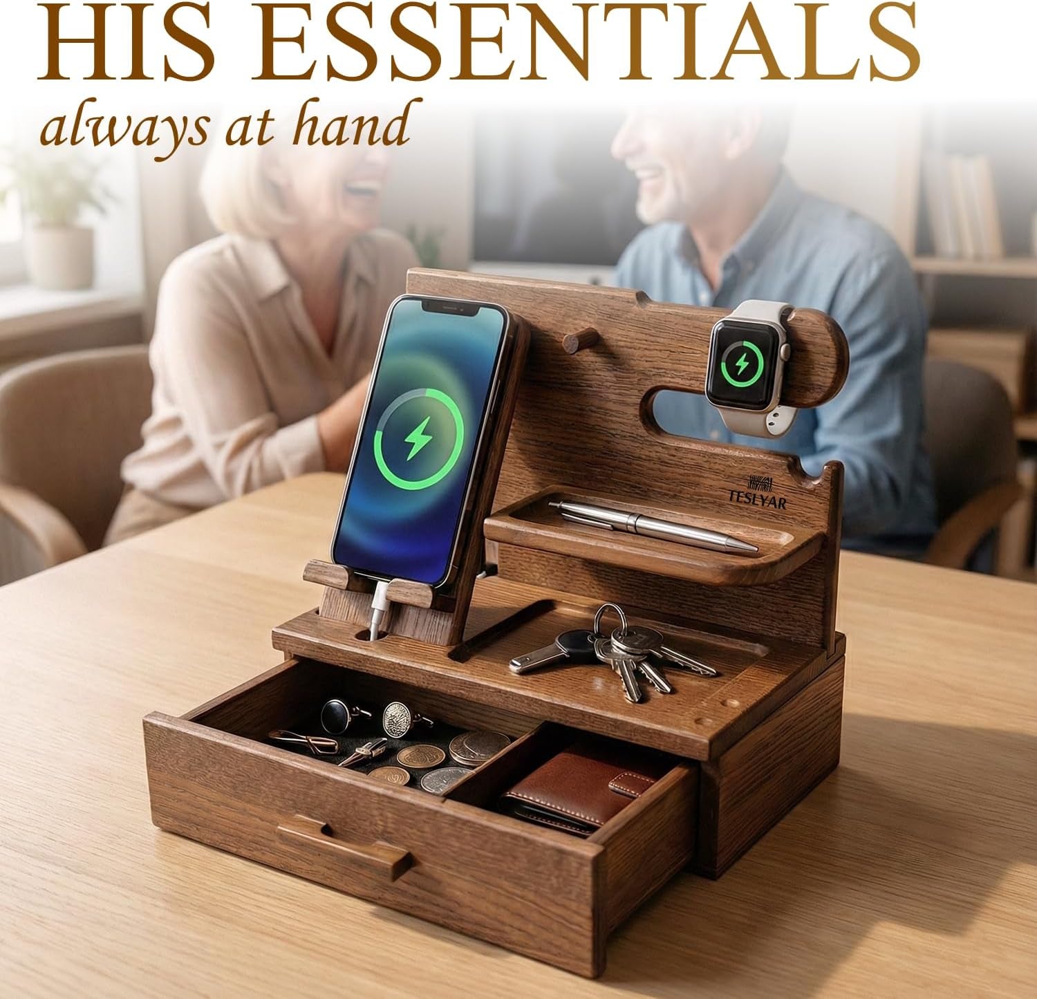 Wood Phone Docking Station with Drawer – Solid Ash Desk & Nightstand Organiser, Phone Charging Stand, Bedside Phone Holder, Valet Tray for Wallet Watch Keys Glasses, Men & Women Gift (Brown)