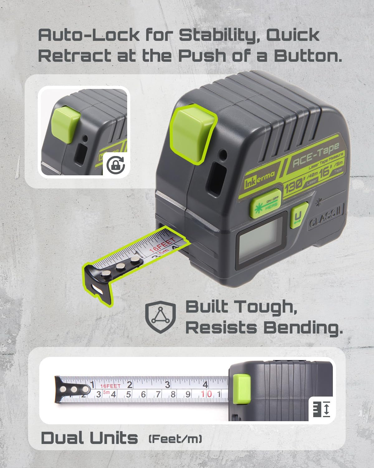 2-In-1 Laser Tape Measure,  130Ft/40M Laser Measurement Tool & 16Ft/5M Measuring Tape, Digital Laser Tape Measure with M/In/Ft/Ft+In Units, LCD Display, Self-Locking Tape, Belt Clip