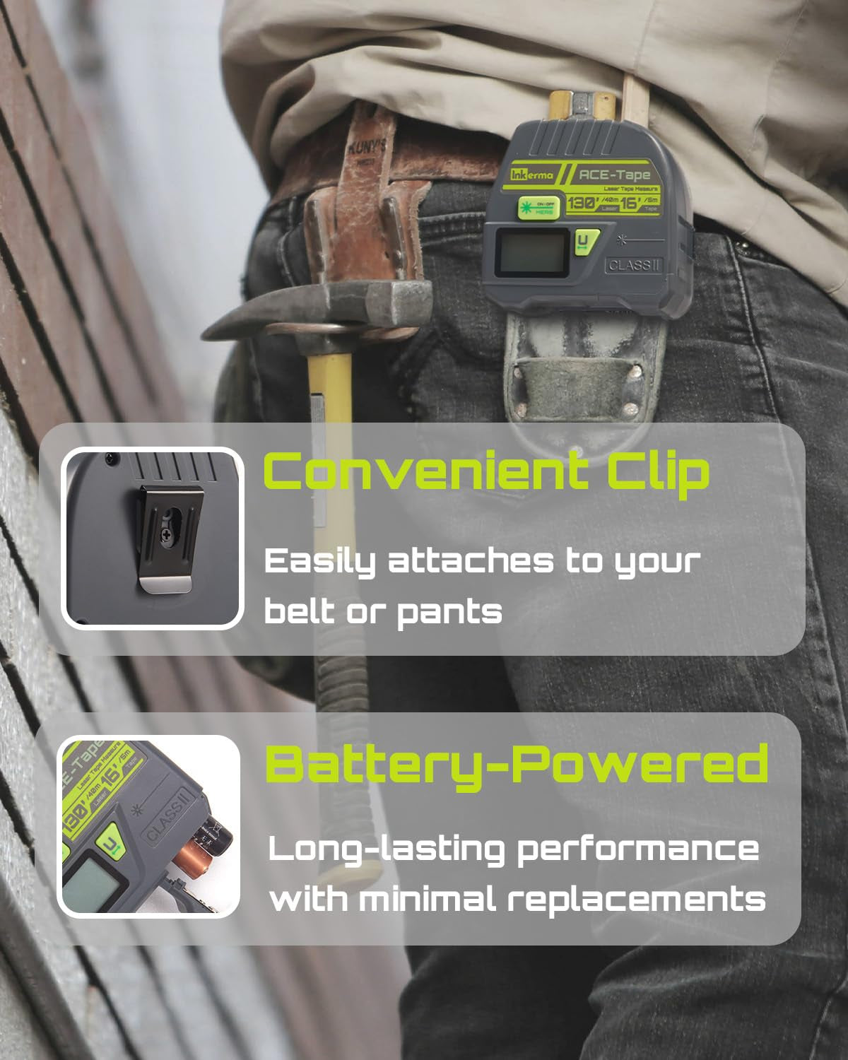 2-In-1 Laser Tape Measure,  130Ft/40M Laser Measurement Tool & 16Ft/5M Measuring Tape, Digital Laser Tape Measure with M/In/Ft/Ft+In Units, LCD Display, Self-Locking Tape, Belt Clip