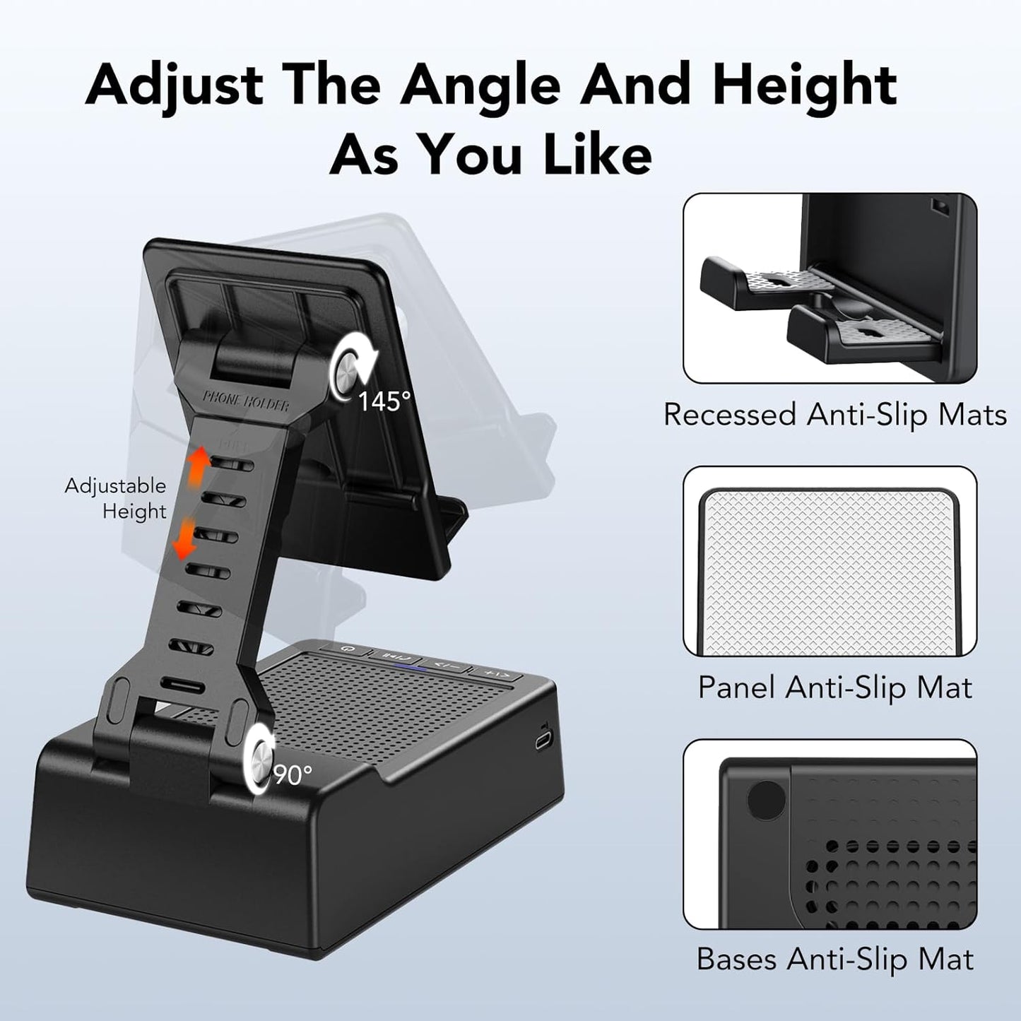 Phone Stand with Wireless Bluetooth Speaker and Anti-Slip Base, Birthday Gifts for Men/Women, Gadgets for Anniversary Idea Gift, Stocking Fillers for Beloved（Black）