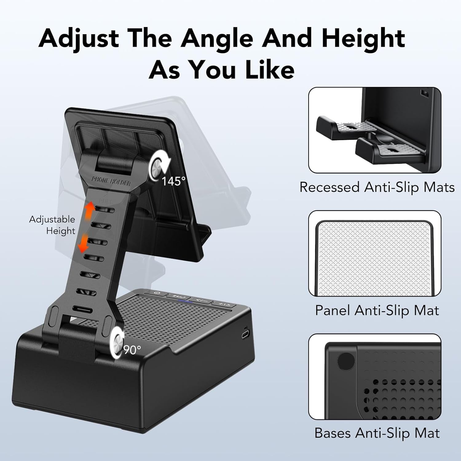 Phone Stand with Wireless Bluetooth Speaker and Anti-Slip Base, Birthday Gifts for Men/Women, Gadgets for Anniversary Idea Gift, Stocking Fillers for Beloved（Black）