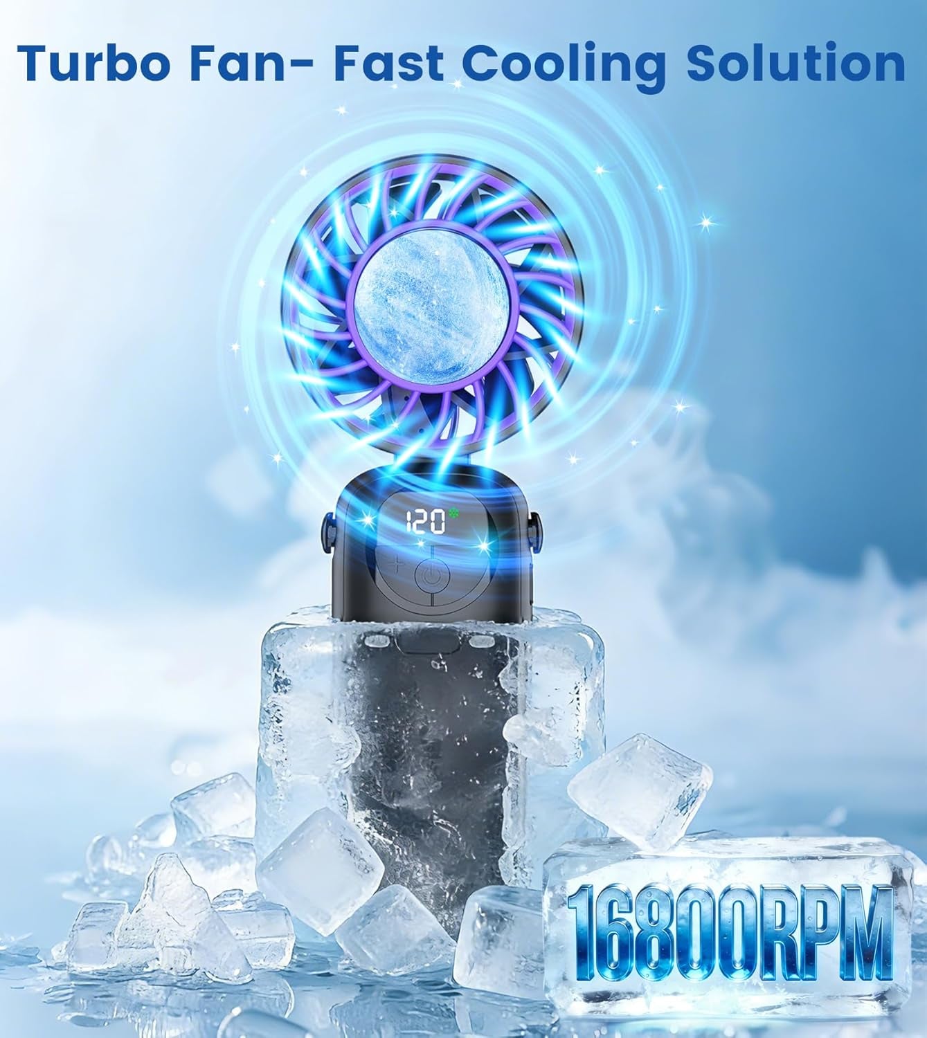 Portable Handheld Fan, 4000Mah High Speed Mini Personal Turbo Fan with Ice Cooler, 120 Wind Gear, LED Display, 90°Foldable, up to 22 Hrs, Rechargeable USB Face Fan for Travel,Outdoor,Home,Office
