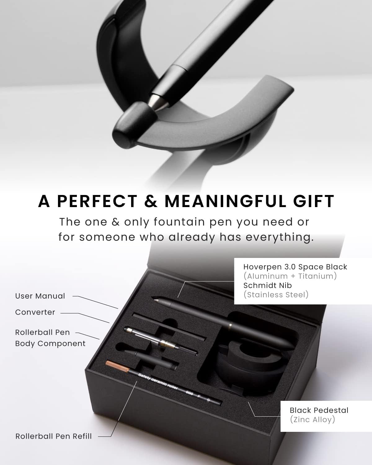 Hoverpen Future Edition - Luxury Fountain Pen & Rollerball Pen All-In Gift Box, Fine Nib, Futuristic Aesthetic, Aerospace Metal Made, Free Spinning Pen, Christmas Gifts for Men (Deep Black)