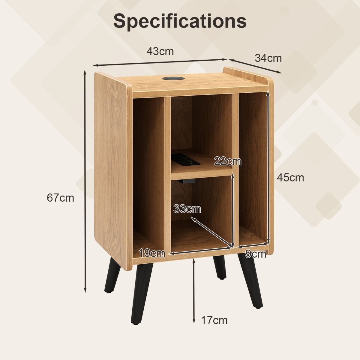 Record Player Stand with 4 Open Shelves Power Outlet USB Charging Port