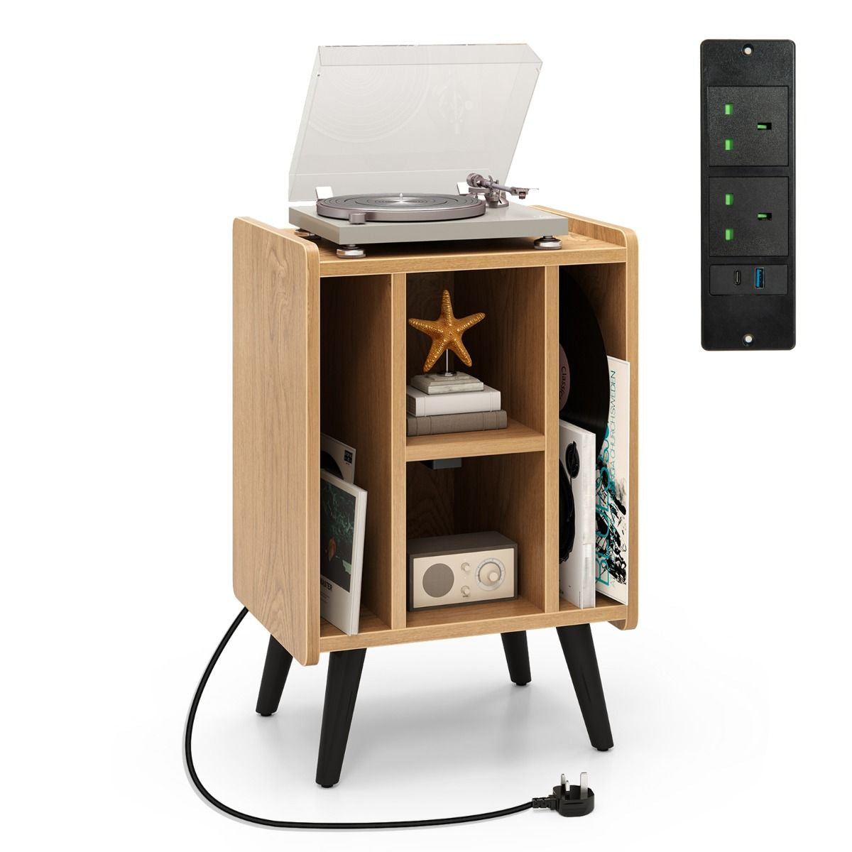 Record Player Stand with 4 Open Shelves Power Outlet USB Charging Port