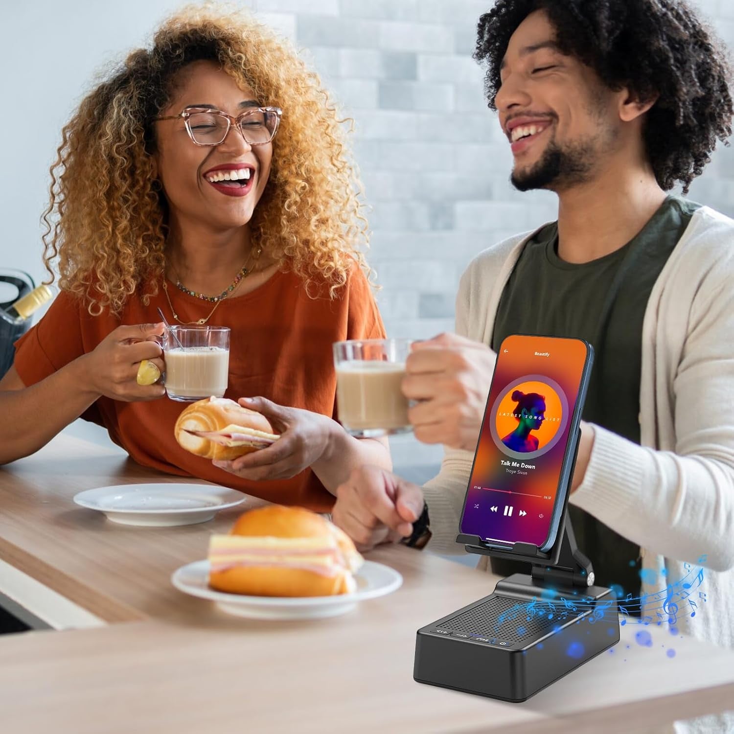 Phone Stand with Wireless Bluetooth Speaker and Anti-Slip Base, Birthday Gifts for Men/Women, Gadgets for Anniversary Idea Gift, Stocking Fillers for Beloved（Black）