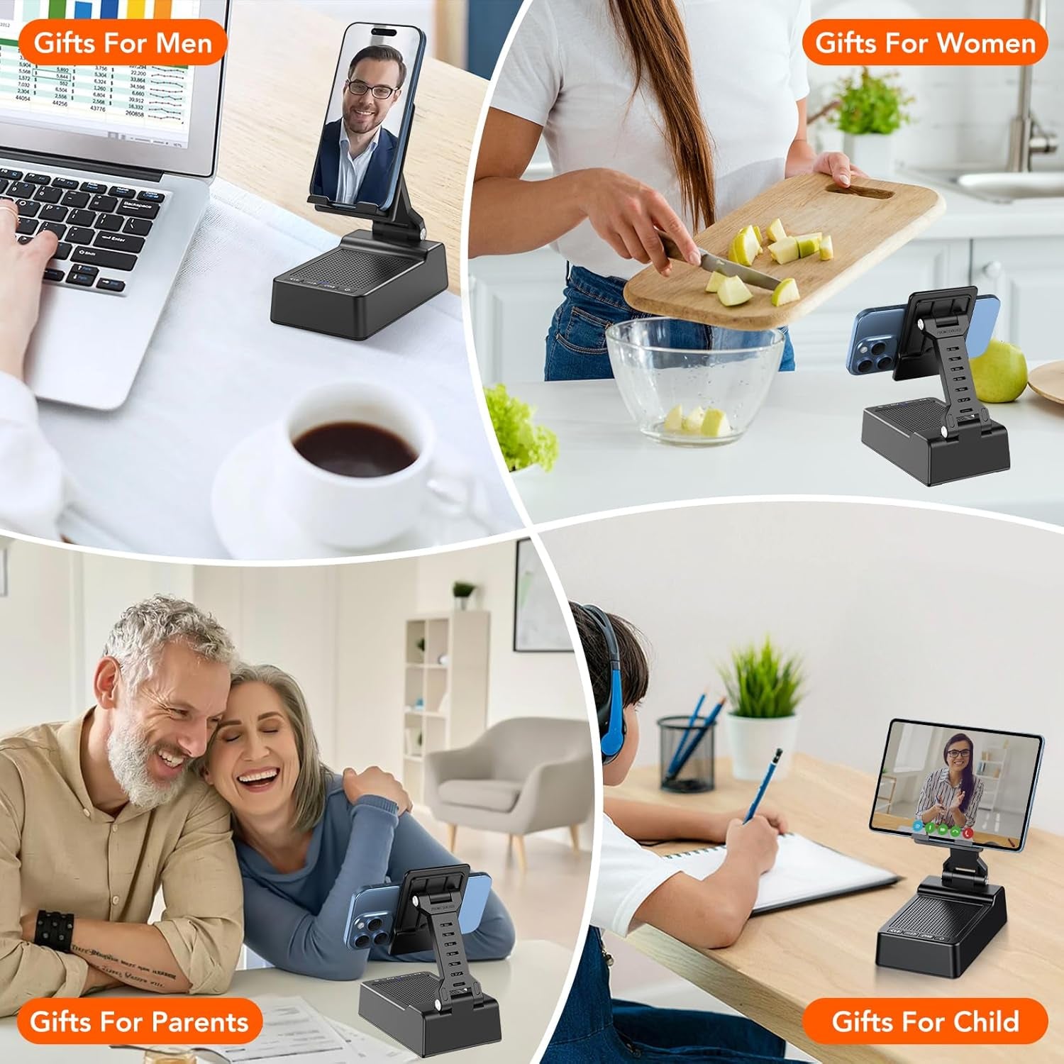 Phone Stand with Wireless Bluetooth Speaker and Anti-Slip Base, Birthday Gifts for Men/Women, Gadgets for Anniversary Idea Gift, Stocking Fillers for Beloved（Black）