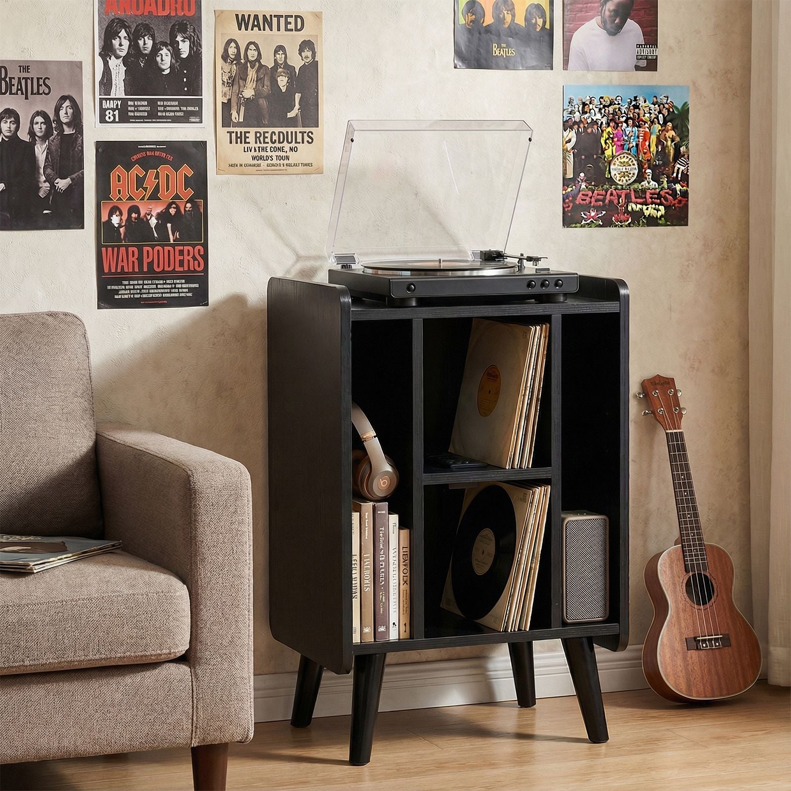 Record Player Stand with 4 Open Shelves Power Outlet USB Charging Port