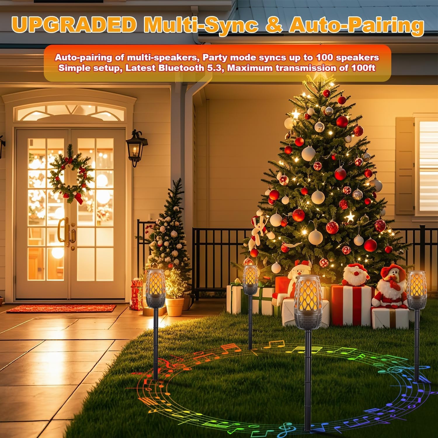 Upgraded Outdoor Bluetooth Speakers with Lights, IPX6 Waterproof Flame Atmosphere Outdoor Speaker, Auto-Pairing Multi-Sync up to 100 Speakers, Cool Tech Gadget Gifts for Men Women, Patio Garden Party