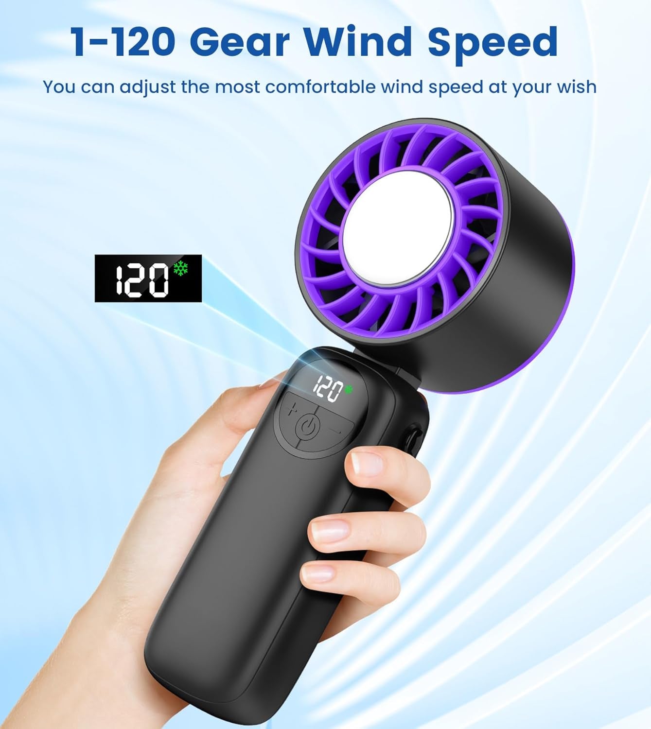 Portable Handheld Fan, 4000Mah High Speed Mini Personal Turbo Fan with Ice Cooler, 120 Wind Gear, LED Display, 90°Foldable, up to 22 Hrs, Rechargeable USB Face Fan for Travel,Outdoor,Home,Office
