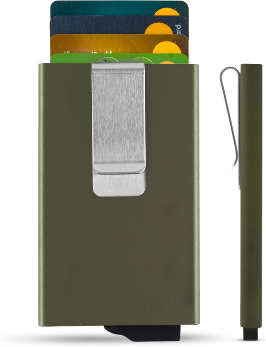 Metal Card Holder Wallet - Wallets Men UK Minimalist Slim RFID Blocking Credit Protector. Aircraftgrade Aluminum Wallet. Mens Holds 5 Cards Army Green with Clip