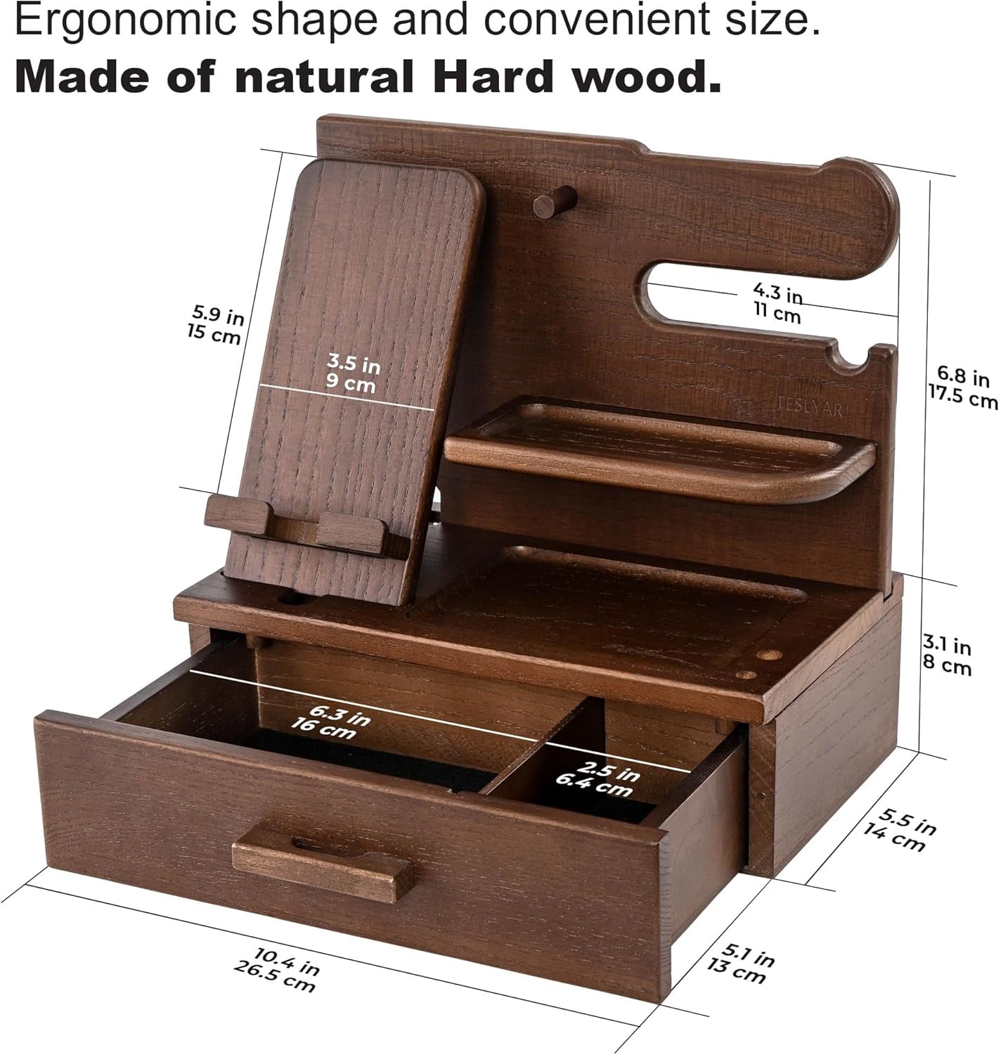 Wood Phone Docking Station with Drawer – Solid Ash Desk & Nightstand Organiser, Phone Charging Stand, Bedside Phone Holder, Valet Tray for Wallet Watch Keys Glasses, Men & Women Gift (Brown)
