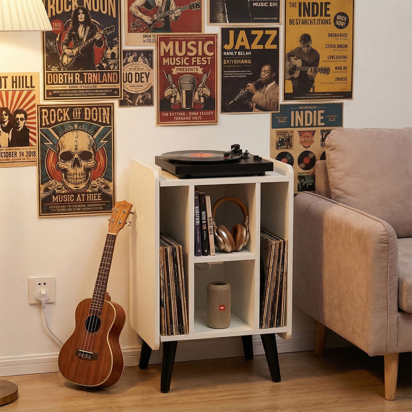 Record Player Stand with 4 Open Shelves Power Outlet USB Charging Port