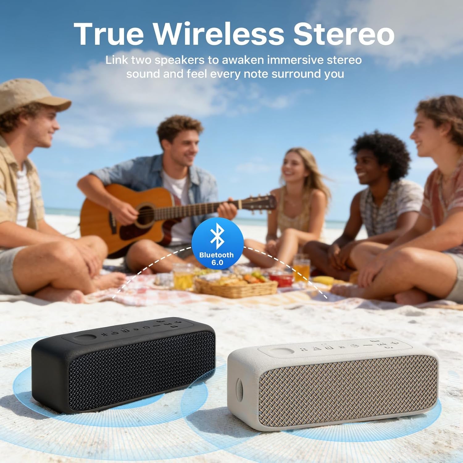 Portable Bluetooth Speaker, IP68 Waterproof 24H Playtime, Bluetooth 6.0 TWS Pairing, 20W Stereo Sound, TF Card/Aux Input, Wireless Speaker for Home Outdoor Travel (White)
